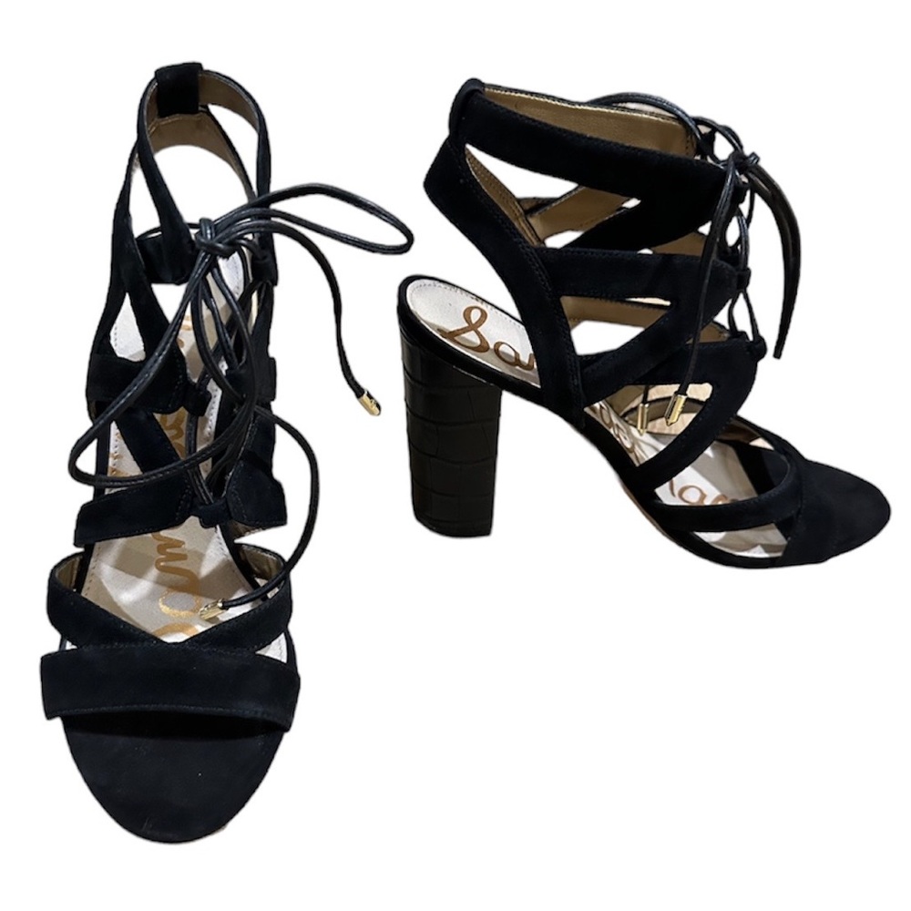 Sam Edelman Yardley Black Leather Suede Block Heel Lace Up Shoes Size 7.5M GUC